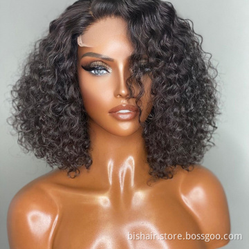 BIS Bob 4*4 Curly Wave Human Hair Closure Wig With Natural Color Bob Transparent Frontal Lace 150 Density Bob Wigs  For Woman